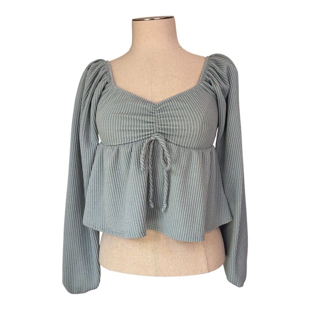 Altar'd State XS Sage Ribbed Babydoll Peplum Top Puff Sleeves Fairycore Boho
